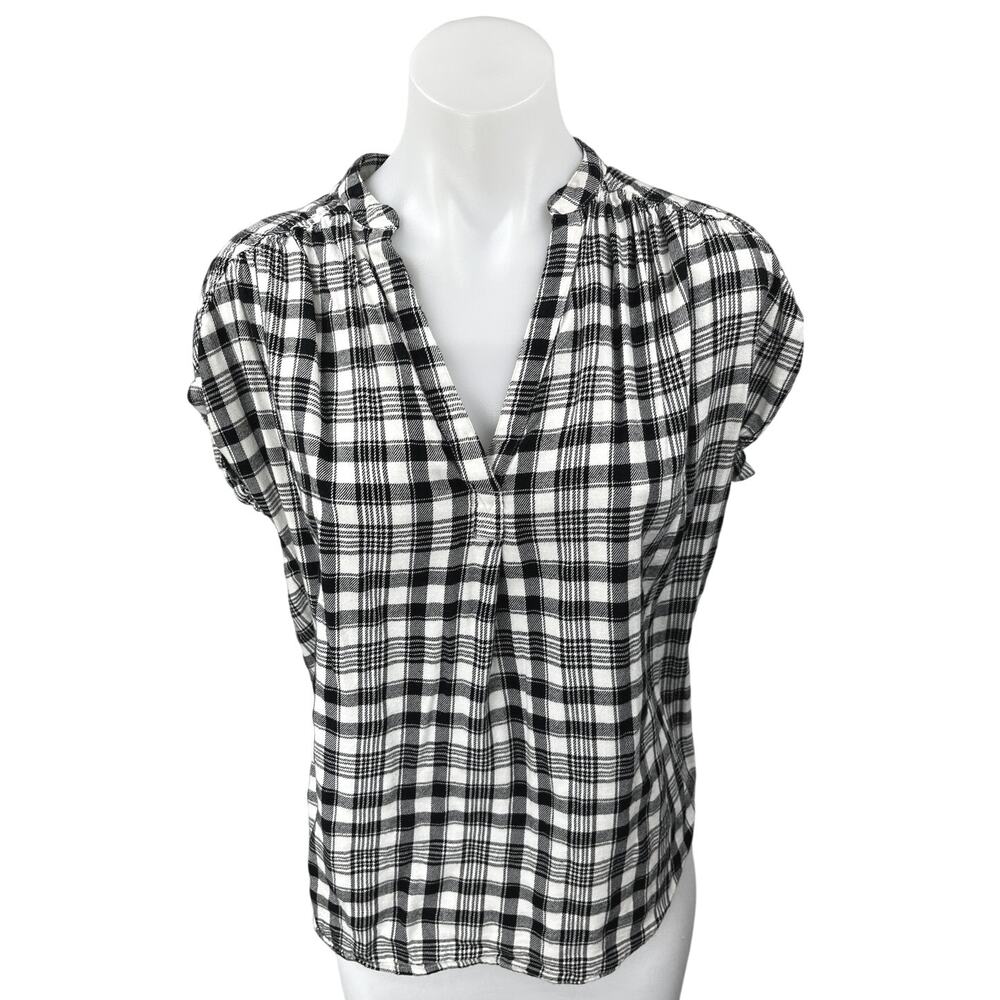 Gap Women's Black White Plaid Cap Sleeve Y2K V Neck Shirt Blouse Top Size XS